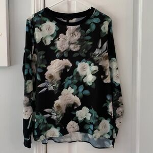 Silvian‎ Heach Floral Blouse - size M black white silky crewneck BLACK BEIGE